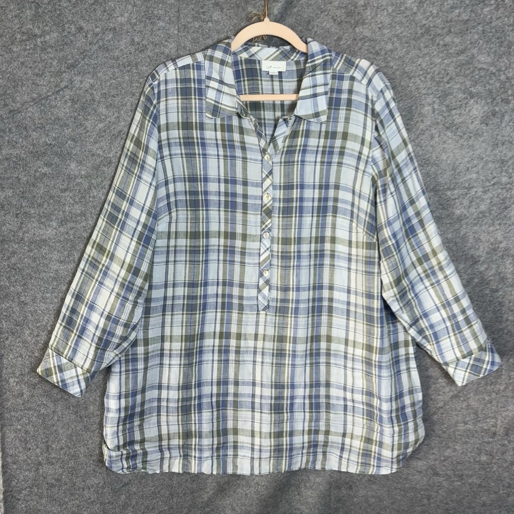 J Jill Love Linen Tunic Top Womens XLP Blue Green Plaid Henley Roll Tab